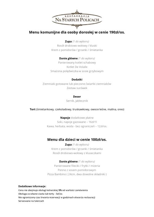 Menu komunijne 2026r cena 190zl