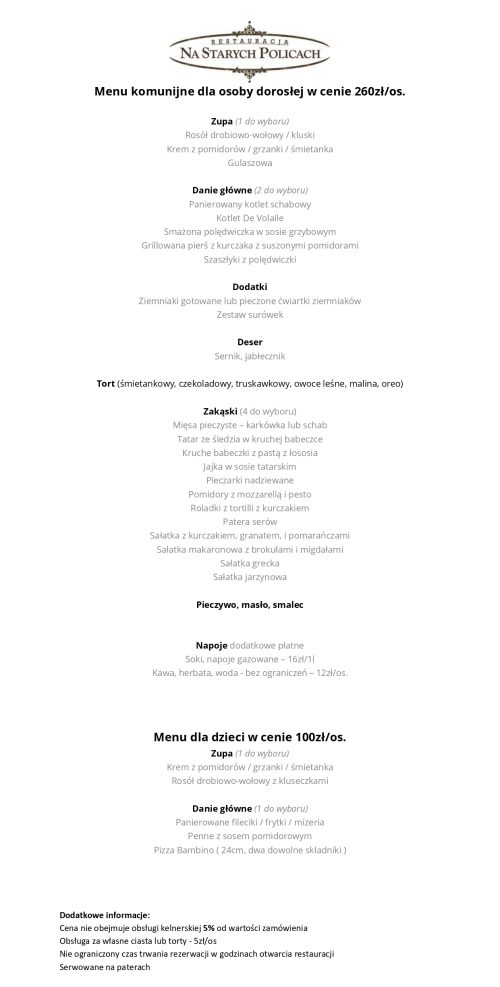 Menu komunijne 2026r cena 260zł